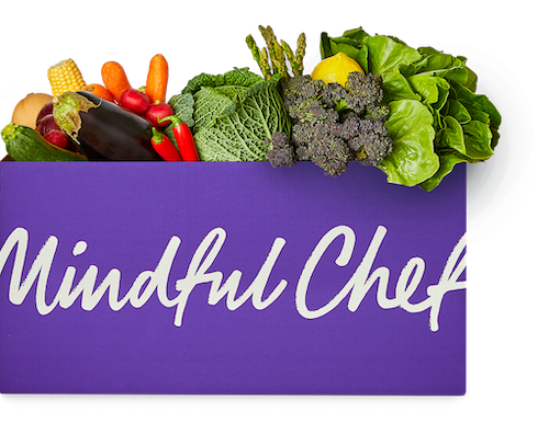 Mindful Chef box with vegetables flowing